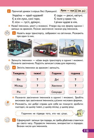 115
2   
Прочитай уривок із вірша Лесі Лужецької.
Україна — край чудовий!
Є в нім луки, сині гори.
Є ліси — густі, дрімучі.
Є сади — рясні, квітучі.
Є поля у краю тім.
І річки чудові в нім.
Л
уки — лук а (ж. р.)
	
 
Назви іменники, ужиті у множині. Утвори від них форму однини і
запиши за зразком. Познач закінчення і визнач рід іменників.
		
 
Позначте закінчення іменників в однині і множині. Зробіть
висновок про закінчення іменників у різних числових формах.
	 	
 
Розкажіть, які добрі справи для себе ви плануєте зробити:
сьогодні, на цьому тижні, у цьому місяці, у цьому році.
		
3   
Назвіть види транспорту, зображені на світлинах. Розкажіть
про один із них.
		
4   
Змініть іменники за зразком і запишіть.
	
 
Запишіть іменники — назви видів транспорту в однині і множині.
Позначте закінчення. Поділіть записані слова для переносу.
Т
иждень тижні година
Години
Місяць ? ?
Хвилини
Вік ? ?
Дні
Рік ? ?
Секунди
Годинник не підведе того, хто час цінує.
		
5   
Сформулюй і запиши три поради, як треба дбайливо ставитися
до свого часу. Підкресли іменники, використані в порадах.
Визнач число цих іменників.
 