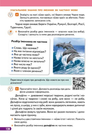 120
У
загальнюю знання п
р
о іменник як частину мови
		
4   
Знайдіть на мапі назви країн, чиї береги омиває Чорне море.
Запишіть речення, поставивши назви країн за абеткою. Пояс-
ніть правопис записаних слів.
		
5   
Прочитайте текст. Доповніть розповідь про дель-
фінів цікавою інформацією.
Чорне море омиває береги України, Румунії, Болгарії, Росії,
Туреччини, Грузії.
Дельфіни — дивовижні морські тварини, родичі китів і ко-
саток. Хоча ці тварини і схожі на рибу, але вони — не риба.
Дельфіни відрізняються від риб: вони дихають легенями, мають
не луску, а шкіру, у них є зуби, вони народжують живих дитинчат
і цілий рік годують їх своїм молоком.
Дельфіни живуть групами. Вони всі разом полюють і допо-
магають одне одному.
	 	
 
Виконайте розбір двох іменників — власних назв (на вибір).
Складіть і запишіть із ними два розповідних речення.
	
 
Випишіть у два стовпчики іменники — назви істот і неістот. Поясніть
свою думку.
	
 
Виконайте розбір іменника дельфіни як частини мови.
Перегляньте відео про дельфінів. Що нового ви про них
дізналися?
Р
озбір іменника як частини
мови
Слово. Що називає?
На яке питання відповідає?
Яка це частина мови?
Назва істоти чи неістоти?
Назва власна чи загальна?
Яке число має?
Якого роду (в однині)?
Яким є членом речення?
 