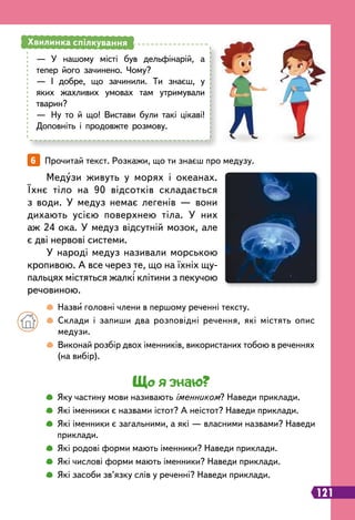 6   
Прочитай текст. Розкажи, що ти знаєш про медузу.
Медузи живуть у морях і океанах.
Їхнє тіло на 90 відсотків складається
з води. У медуз немає легенів — вони
дихають усією поверхнею тіла. У них
аж 24 ока. У медуз відсутній мозок, але
є дві нервові системи.
У народі медуз називали морською
кропивою. А все через те, що на їхніх щу-
пальцях містяться жалкі клітини з пекучою
речовиною.
		
 
Назви головні члени в першому реченні тексту.
		
 
Склади і запиши два розповідні речення, які містять опис
медузи.
		
 
Виконай розбір двох іменників, використаних тобою в реченнях
(на вибір).
—
	
У нашому місті був дельфінарій, а
тепер його зачинено. Чому?
—
	
І добре, що зачинили. Ти знаєш, у
яких жахливих умовах там утримували
тварин?
—
	
Ну то й що! Вистави були такі цікаві!
Доповніть і продовжте розмову.
Хвилинка спілкування
Що я знаю?
		
 
Яку частину мови називають іменником? Наведи приклади.
		
 
Які іменники є назвами істот? А неістот? Наведи приклади.
		
 
Які іменники є загальними, а які — власними назвами? Наведи
приклади.
		
 
Які родові форми мають іменники? Наведи приклади.
		
 
Які числові форми мають іменники? Наведи приклади.
		
 
Які засоби зв’язку слів у реченні? Наведи приклади.
121
 