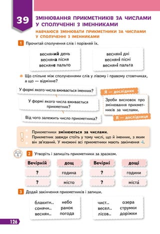 126
39
З
мінювання п
р
икметників за числами
у сполученні з іменниками
Н
авчаюся змінювати п
р
икметники за числами
у сполученні з іменниками
1   
Прочитай сполучення слів і порівняй їх.
весняний день
весняна пісня
весняне пальто
блакитн..
	
небо
сонячн..
	
ранок
веснян..
	
погода
весняні дні
весняні пісні
весняні пальта
чист..
	
озера
весел..
	
струмки
лісов..
	
доріжки
	
 
Що спільне між сполученнями слів у лівому і правому стовпчиках,
а що — відмінне?
Зроби висновок про
змінювання прикмет-
ників за числами.
Я
 
— дослідник
Я 
— дослідниця
У формі якого числа вживається іменник?
У формі якого числа вживається
прикметник?
Від чого залежить число прикметника?
Прикметники змінюються за числами.
Прикметник завжди стоїть у тому числі, що й іменник, з яким
він зв’язаний. У множині всі прикметники мають закінчення -і.
		
2   
Утворіть і запишіть прикметники за зразком.
3   
Додай закінчення прикметників і запиши.
Вечірній дощ дощі
Вечірні
? місто міста
?
? година години
?
 