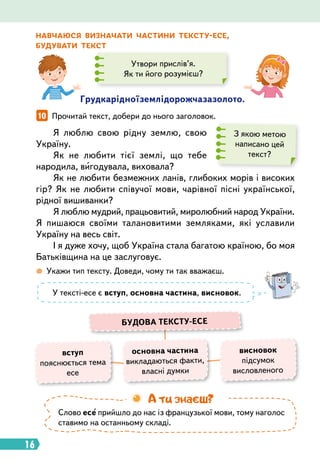 16
Н
авчаюся визначати частини тексту-есе,
будувати текст
Грудкарідноїземлідорожчазазолото.
 
Укажи тип тексту. Доведи, чому ти так вважаєш.
10   
Прочитай текст, добери до нього заголовок.
Я люблю свою рідну землю, свою
Україну.
Як не любити тієї землі, що тебе
народила, вигодувала, виховала?
Як не любити безмежних ланів, глибоких морів і високих
гір? Як не любити співучої мови, чарівної пісні української,
рідної вишиванки?
Я люблю мудрий, працьовитий, миролюбний народ України.
Я пишаюся своїми талановитими земляками, які уславили
Україну на весь світ.
І я дуже хочу, щоб Україна стала багатою країною, бо моя
Батьківщина на це заслуговує.
З якою метою
написано цей
текст?
У тексті-есе є вступ, основна частина, висновок.
основна частина
викладаються факти,
власні думки
БУ
Д
ОВА
Т
Е
К
С
Т
У-ЕСЕ
висновок
підсумок
висловленого
вступ
пояснюється тема
есе
Слово есе прийшло до нас із французької мови, тому наголос
ставимо на останньому складі.
А ти знаєш?
Утвори прислів’я.
Як ти його розумієш?
 