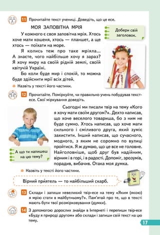 Добери свій
заголовок.
А що ти напишеш
на цю тему?
 
Назвіть у тексті його частини.
		
 
Назвіть у тексті його частини.
		
11   
Прочитайте текст учениці. Доведіть, що це есе.
		
12   
Прочитайте. Поміркуйте, чи правильно учень побудував текст-
есе. Свої міркування доведіть.
		
13   
Склади і запиши невеликий твір-есе на тему «Яким (якою)
я мрію стати в майбутньому?». Пам’ятай про те, що в тексті
мають бути твої розмірковування (думки).
МОЯ ЗАПОВІТНА МРІЯ
У кожного є своя заповітна мрія. Хтось
хоче мати кошеня, хтось — планшет, а ще
хтось — поїхати на море.
Я колись теж про таке мріяла…
А знаєте, чого найбільше хочу я зараз?
Я хочу миру на своїй рідній землі, своїй
квітучій Україні.
Бо коли буде мир і спокій, то можна
буде здійснити мрії всіх дітей.
Сьогодні ми писали твір на тему «Кого
я хочу мати своїм другом?». Дехто написав,
що хоче веселого товариша, бо з ним не
буде сумно. Хтось написав, що хоче мати
сильного і сміливого друга, який зуміє
захистити. Інший написав, що сучасного,
модного, з яким не соромно по вулиці
пройтися. Я ж думаю, що це все не головне.
Найголовніше, щоб друг був надійним,
вірним і в горі, і в радості. Допоміг, зрозумів,
порадив, вибачив. Отака моя думка.
Вірний приятель — то найбільший скарб.
		
14   
З допомогою дорослих знайди в Інтернеті і перепиши твір-есе
«Буду я природі другом» або склади і запиши свій текст на цю
тему.
17
 