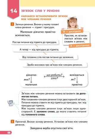 44
Н
авчаюся встановлювати зв’язок
між членами
р
ечення
1   
Запиши речення. Визнач у ньому головні
члени речення — підмет і присудок.
Маленьке дівчатко привітно
всміхається.
Зажурена верба опустила свої віти.
Постав питання від підмета до присудка.
А тепер — від присудка до підмета.
Від головних слів постав питання до залежних.
Зроби висновок про зв’язок між членами речення.
Простеж, як встанов-
люється зв’язок між
словами в реченні.
Я
 
— дослідник
Я
 
— дослідниця
дівчатко всміхається
маленьке привітно
яке? як?
хто?
що робить?
Зв’язок між членами речення можна встановити за допо-
могою питань.
Між головними членами речення існує двосторонній зв’язок.
Питання можна ставити як від підмета до присудка, так і від
присудка до підмета.
Між іншими членами речення існує зв’язок лише одно-
сторонній. Є залежне слово, до якого ставлять питання
від головного слова.
2   
Прочитай. Визнач основу речення. Установи зв’язок між членами
речення.
14
З
в’язок слів у
р
еченні
 