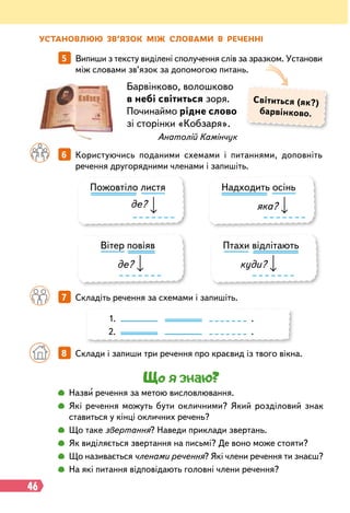 46
установлюю зв’язок між словами в
р
еченні
Барвінково, волошково
в небі світиться зоря.
Починаймо рідне слово
зі сторінки «Кобзаря».
Анатолій Камінчук
		
5   
Випиши з тексту виділені сполучення слів за зразком. Установи
між словами зв’язок за допомогою питань.
Світиться (як?)
барвінково.
		
6   
Користуючись поданими схемами і питаннями, доповніть
речення другорядними членами і запишіть.
		
7   
Складіть речення за схемами і запишіть.
		
8   
Склади і запиши три речення про краєвид із твого вікна.
Пожовтіло листя
де?
Вітер повіяв
де?
Птахи відлітають
куди?
Надходить осінь
яка?
1. .
2. .
Що я знаю?
		
 
Назви речення за метою висловлювання.
		
 
Які речення можуть бути окличними? Який розділовий знак
ставиться у кінці окличних речень?
		
 
Що таке звертання? Наведи приклади звертань.
		
 
Як виділяється звертання на письмі? Де воно може стояти?
		
 
Що називається членами речення? Які члени речення ти знаєш?
		
 
На які питання відповідають головні члени речення?
 