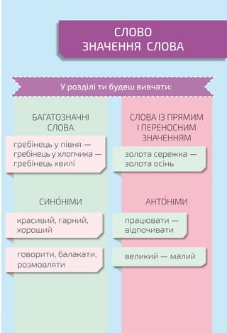 47
СЛОВО
ЗНАЧЕННЯ СЛОВА
СИНОНІМИ
СЛОВА ІЗ ПРЯМИМ
І ПЕРЕНОСНИМ
ЗНАЧЕННЯМ
АНТОНІМИ
БАГАТОЗНАЧНІ
СЛОВА
красивий, гарний,
хороший
гребінець у півня —
гребінець у хлопчика —
гребінець хвилі
говорити, балакати,
розмовляти
працювати —
відпочивати
великий — малий
золота сережка —
золота осінь
У розділі ти будеш вивчати:
 
