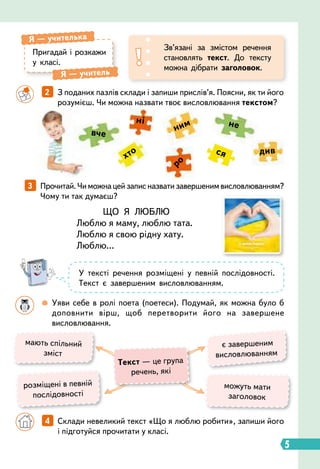 5
ЩО Я ЛЮБЛЮ
Люблю я маму, люблю тата.
Люблю я свою рідну хату.
Люблю...
		
4   
Склади невеликий текст «Що я люблю робити», запиши його
і підготуйся прочитати у класі.
3   
Прочитай.Чиможнацейзаписназватизавершенимвисловлюванням?
Чому ти так думаєш?
	 	 2   
З поданих пазлів склади і запиши прислів’я. Поясни, як ти його
розумієш. Чи можна назвати твоє висловлювання текстом?
Пригадай і розкажи
у класі.
Я
 
— учителька
Я
 
— учитель
Зв’язані за змістом речення
становлять текст. До тексту
можна дібрати заголовок.
мають спільний
зміст
є завершеним
висловлюванням
можуть мати
заголовок
розміщені в певній
послідовності
Т
екст — це група
речень, які
вче
див
не
хто ся
ні
ним
ро
У тексті речення розміщені у певній послідовності.
Текст є завершеним висловлюванням.
		
 
Уяви себе в ролі поета (поетеси). Подумай, як можна було б
доповнити вірш, щоб перетворити його на завершене
висловлювання.
 