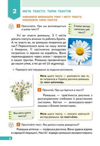 6
Мета тексту. Типи текстів
Навчаюся визначати тему і мету тексту,
розрізняти типи текстів
З якою метою
написано цей
текст?
Яка мета цього
тексту?
		 1   
Прочитайте. Про що розповідається
в цьому тексті?
		 3   
Прочитайте текст. Яка думка в ньому доводиться?
2   
Прочитай. Про що йдеться в тексті?
Усі ви знаєте ромашку. З її квітів
дівчата плетуть віночки та роблять букети.
А чи знаєте ви, як ромашка потрапила до
нас? Переселилася вона на нашу землю
з Америки. Її насіннячко випадково
потрапило із зерном на корабель. Воно
перемандрувало через океан і проросло
в наших ґрунтах. Ромашка призвичаїлася
до наших умов, а ми до неї (Із журналу).
Ромашка — трав’яниста рослина з
розгалуженими стеблами й розсіченими
листками. Квітки — зеленувато-жовті
кошики з білими пелюстками.
	  
Перевірте свої міркування за поданим висновком.
Мета цього тексту — розповісти про те,
як потрапила в Україну рослина ромашка.
Це текст-розповідь.
Мета цього тексту — описати зовнішній
вигляд ромашки. Це текст-опис.
Ромашка аптечна — лікарська рослина. Вона здавна відома
в народній медицині. Настої і відвари ромашки використовують
2
 