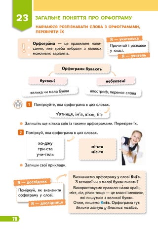70
23
З
агальне поняття п
р
о о
р
фог
р
аму
Н
авчаюся
р
озпізнавати слова з о
р
фог
р
амами,
пе
р
еві
р
яти їх
Прочитай і розкажи
у класі.
Я
 
— учителька
Я
 
— учитель
Орфограма — це правильне напи-
сання, яке треба вибрати з кількох
можливих варіантів.
небуквені
Орфограми бувають
апостроф, перенос слова
велика чи мала буква
буквені
		
1   
Поміркуйте, яка орфограма в цих словах.
2   
Поміркуй, яка орфограма в цих словах.
п’ятниця, ім’я, в’юн, б’є
	
 
Запишіть ще кілька слів із такими орфограмами. Перевірте їх.
	
 
Запиши свої приклади.
хо-джу
три-ста
учи-тель
мі-сто
міс-то
Визначаємо орфограму у слові
К
иїв.
З великої чи з малої букви писати?
Використовуємо правило: назви країн,
міст, сіл, річок тощо — це власні іменники,
які пишуться з великої букви.
Отже, пишемо
К
иїв. Орфограма тут:
велика літера у власних назвах.
Поміркуй, як визначити
орфограму у слові.
Я
 
— дослідник
Я
 
— дослідниця
 