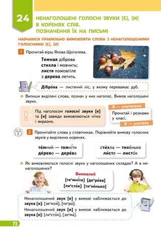 72
Н
авчаюся п
р
авильно вимовляти слова з ненаголошеними
голосними [е], [и]
Прочитай і розкажи
у класі.
Я
 
— учителька
Я 
— учитель
Під наголосом голосні звуки [е]
та [и] завжди вимовляються чітко
і виразно.
1   
Прочитай вірш Якова Щоголева.
Т
емная діброва
стихла і мовчить;
листя пожовтіле
з дерева летить.
Д
іброва — листяний ліс, у якому переважає дуб.
	
 
Випиши виділені слова, познач у них наголос. Вимов наголошені
звуки.
	
 
Як вимовляються голосні звуки у наголошених складах? А в не
­
наголошених?
		
2   
Прочитайте слова у стовпчиках. Порівняйте вимову голосних
звуків у виділених коренях.
темний — темніти
дерево — дерева
стихла — тихенько
листя — листок
Вимовляй
[теи
мніти] [деи
рева]
[лие
сток] [тие
хенько]
Ненаголошений звук [е] у вимові наближається до
звука [и]: [зеи
мля], [пеи
ро].
Ненаголошений звук [и] у вимові наближається до
звука [е]: [лие
сток], [зие
ма].
24
Н
енаголошені голосні звуки [е], [и]
в ко
р
енях слів.
П
означення їх на письмі
 