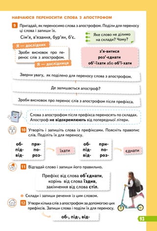Н
авчаюся пе
р
еносити слова з апост
р
офом
9   
Пригадай, як переносимо слова з апострофом. Поділи для переносу
ці слова і запиши їх.
Сім’я, в’язання, бур’ян, б’є.
Яке слово не ділимо
на склади? Чому?
Зроби висновок про пе-
ренос слів з апострофом.
Я
 
— дослідник
Я
 
— дослідниця
з’я-витися
роз’-єднати
об’-їхати або об’ї-хати
Зверни увагу, як поділено для переносу слова з апострофом.
Зроби висновок про перенос слів з апострофом після префікса.
Де залишається апостроф?
Слова з апострофом після префікса переносять по складах.
Апостроф не відокремлюють від попередньої літери.
		
10   
Утворіть і запишіть слова із префіксами. Поясніть правопис
слів. Поділіть їх для переносу.
об-
під-
від-
при-
по-
роз-
об-
під-
від-
при-
по-
роз-
їхати єднати
		
11   
Відгадай слово і запиши його правильно.
		
 
Склади і запиши речення із цим словом.
Префікс від слова об’єднати,
корінь від слова їздив,
закінчення від слова стіл.
об-, під-, від-
		
12   
Утвори кілька слів з апострофом за допомогою цих
префіксів. Запиши слова і поділи їх для переносу.
93
 
