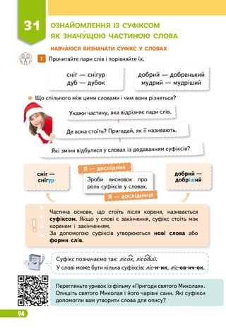 94
Н
авчаюся визначати суфікс у словах
31
О
знайомлення із суфіксом
як значу
щ
ою частиною слова
	
 
Що спільного між цими словами і чим вони різняться?
		
1   
Прочитайте пари слів і порівняйте їх.
сніг — снігур
дуб — дубок
добрий — добренький
мудрий — мудріший
Зроби висновок про
роль суфіксів у словах.
Я
 
— дослідник
Я
 
— дослідниця
Укажи частину, яка відрізняє пари слів.
Які зміни відбулися у словах із додаванням суфіксів?
Де вона стоїть? Пригадай, як її називають.
Частина основи, що стоїть після кореня, називається
суфіксом. Якщо у слові є закінчення, суфікс стоїть між
коренем і закінченням.
За допомогою суфіксів утворюються нові слова або
форми слів.
сніг —
снігур
добрий —
добріший
Суфікс позначаємо так: лісок, лісовий.
У слові може бути кілька суфіксів: ліс-н-ик, ліс-ов-ич-ок.
Перегляньте уривок із фільму «Пригоди святого Миколая».
Опишіть святого Миколая і його чарівні сани. Які суфікси
допомогли вам утворити слова для опису?
 