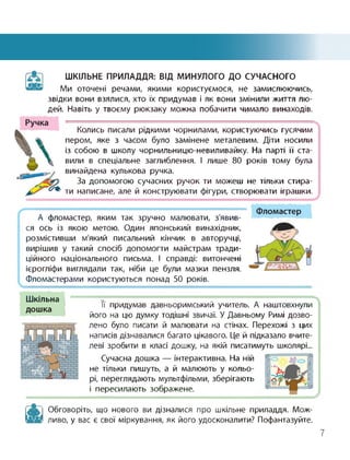ШКІЛЬНЕ ПРИЛАДДЯ: ВІД МИНУЛОГО ДО СУЧАСНОГО
Ми оточені речами, якими користуємося, не замислюючись,
звідки вони взялися, хто їх придумав і як вони змінили життя лю­
дей. Навіть у твоєму рюкзаку можна побачити чимало винаходів.
Колись писали рідкими чорнилами, користуючись гусячим
пером, яке з часом було замінене металевим. Діти носили
із собою в школу чорнильницю-невиливайку. На парті її ста­
вили в спеціальне заглиблення. І лише 80 років тому була
винайдена кулькова ручка.
За допомогою сучасних ручок ти можеш не тільки стира­
ти написане, але й конструювати фігури, створювати іграшки.
А фломастер, яким так зручно малювати, з'явив­
ся ось із якою метою. Один японський винахідник,
розмістивши м'який писальний кінчик в авторучці,
вирішив у такий спосіб допомогти майстрам тради­
ційного національного письма. І справді: витончені
ієрогліфи виглядали так, ніби це були мазки пензля.
Фломастерами користуються понад 50 років.
Шкільна
дошка
її придумав давньоримський учитель. А наштовхнули
його на цю думку тодішні звичаї. У Давньому Римі дозво­
лено було писати й малювати на стінах. Перехожі з цих
написів дізнавалися багато цікавого. Це й підказало вчите­
леві зробити в класі дошку, на якій писатимуть школярі...
Сучасна дошка — інтерактивна. На ній
не тільки пишуть, а й малюють у кольо­
рі, переглядають мультфільми, зберігають
і пересилають зображене.
Обговоріть, що нового ви дізналися про шкільне приладдя. Мож­
ливо, у вас є свої міркування, як його удосконалити? Пофантазуйте.
7
 