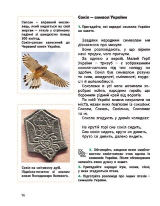 Сокіл — символ України
Сапсан - вправний мисли­
вець, який кидається на свої
жертви — птахів у стрімкому
падінні зі швидкістю понад
300 км/год.
Сокіл-сапсан занесений до
Червоної книги України.
Сокіл на світовому дубі.
Підвіска-печатка зі знаком
князя Володимира Великого.
1. Пригадайте, які народні символи України
ви знаєте.
Завдяки народним символам ми
дізнаємося про минуле.
Вони розповідають, у що вірили
наші предки, чого прагнули.
За однією з версій, Малий Герб
України - тризуб - є зображенням
сокола-сапсана під час нападу на
здобич. Сокіл був символом розуму
та сили, швидкості, сміливості, гордо­
сті й волелюбності.
Соколами в усі часи називали хо­
робрих воїнів, народних героїв, що
боронили рідний край від ворогів.
По всій Україні можна натрапити на
міста, назви яких пов'язані із соколом:
Соколи, Сокаль, Сокільча, Соколине
та ін.
Сокола згадують у давніх колядках:
На крутій горі сив сокіл сидить,
Сив сокіл сидить, круто ся дивить,
Круто ся дивить, далеко видить.
оо 2. Обговоріть, завдяки яким особли­
востям сокіл-сапсан став одним із
символів України. Після обговорення
запишіть свою думку в зошит.
3. Пригадайте народні ігри, казки, пісні,
у яких згадуються птахи.
4. Підготуйте розповіді про інших птахів
символів України.
16
 