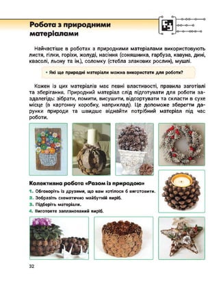 Робота з природними
матеріалами
о-
<-о о-7
■о
Найчастіше в роботах з природними матеріалами використовують
листя, гілки, горіхи, жолуді, насіння (соняшника, гарбуза, кавуна, дині,
квасолі, льону та ін.), соломку (стебла злакових рослин), мушлі.
• Які ще природні матеріали можна використати для роботи?
Кожен із цих матеріалів має певні властивості, правила заготівлі
та зберігання. Природний матеріал слід підготувати для роботи за­
здалегідь: зібрати, помити, висушити, відсортувати та скласти в сухе
місце (в картонну коробку, наприклад). Це допоможе зберегти да­
рунки природи та швидше віднайти потрібний матеріал під час
роботи.
Колективна робота «Разом із природою»
1. Обговоріть із друзями, що вам хотілося б виготовити.
2. Зобразіть схематично майбутній виріб.
3. Підберіть матеріали.
4. Виготовте запланований виріб.
4^
32
 