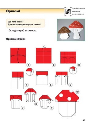 Оригамі
Що таке схема?
Для чого використовують схеми?
Складіть гриб за схемою.
Оригамі «Гриб»
г°
о- ■о
<-о о-7
1
1
1
1
1
1
1
1
ь
47
 