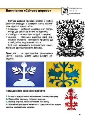 Витинанка «Світове дерево»
Світове дерево (Дерево життя) у міфах
багатьох народів є центром світу, симво­
лом єдності трьох світів.
► Вершина — небесне царство (світ богів),
місце, де селяться птахи та бджоли;
► стовбур - земля (світ людей і тварин);
► коріння — підземне царство (світ під­
земних божеств і померлих предків), де
є змії, риби, водоплавні птахи.
Цей вид витинанки вирізняється симе­
тричним розташуванням деталей.
Симетрія - це пропорційне розміщення
частин якогось цілого щодо центру, се­
редини.
Послідовність виконання роботи
1. Складіть аркуш навпіл кольоровим боком усередину.
2. Намалюйте від згину половину дерева.
3. Охайно виріжте. Не перетинайте лінії згину.
4. Обережно розгорніть витинанку. Приклейте її на аркуш
картону контрастного кольору.
61
 