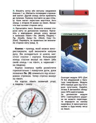 3. Візьміть нитку або мотузку завдовжки
близько 1 м. Обв'яжіть посередині стрижне­
вий магніт. Другий кінець нитки прив'яжіть
до палички. Паличку поставте на два стіль­
ці. Коли магніт перестане вертітися, його
кінець з літерою N вкаже на північ. Визна­
чте інші основні сторони світу.
4. Прочитайте текст. Визначте основні сто­
рони світу за допомогою компаса. Приче­
піть у відповідних місцях класу аркуші
з написами Північ —Пн. (North), Південь —
Пд. (South), Захід — Зх. (West), Схід — Сх.
(East). Перевірте, чи правильно ви визначи­
ли сторони світу (завд. 3).
N
Компас — прилад, який можна вико­
ристовувати, щоб визначити напрям
руху. Він складається зі шкали, маг­
нітної стрілки і корпуса. Кольоровий
кінець стрілки вказує на північ (або
синій кінець — на північ, а червоний —
на південь).
Корпус компаса треба розмістити
горизонтально і повертати доти, доки
позначка Пн. (И) опиниться під кольо­
ровою стрілкою. Тепер стрілка вказує
на північ.
На картах північ зазвичай угорі,
а південь — знизу.
СУПУТНИК СИСТЕМИ GPS
Сьогодні модуль GPS (Джі
Пі Ес) вбудований у бага­
тьох смартфонах. Модуль
GPS отримує дані від чоти­
рьох супутників. Кораблі,
літаки й автомобілі облад­
нано GPS-навігаторами.
За допомогою модуля
GPS і навігаційного додат­
ка ви можете перегляда­
ти маршрути на своєму
смартфоні й орієнтуватися
майже в будь-якому місці
на Землі.
70
 
