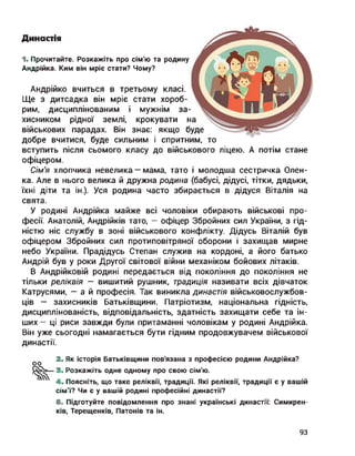 Династія
то
1. Прочитайте. Розкажіть про сім'ю та родину
Андрійка. Ким він мріє стати? Чому?
Андрійко вчиться в третьому класі.
Ще з дитсадка він мріє стати хороб­
рим, дисциплінованим і мужнім за­
хисником рідної землі, крокувати на
військових парадах. Він знає: якщо буде
добре вчитися, буде сильним і спритним,
вступить після сьомого класу до військового ліцею. А потім стане
офіцером.
Сім'я хлопчика невелика — мама, тато і молодша сестричка Олен-
ка. Але в нього велика й дружна родина (бабусі, дідусі, тітки, дядьки,
їхні діти та ін.). Уся родина часто збирається в дідуся Віталія на
свята.
У родині Андрійка майже всі чоловіки обирають військові про­
фесії. Анатолій, Андрійків тато, — офіцер Збройних сил України, з гід­
ністю ніс службу в зоні військового конфлікту. Дідусь Віталій був
офіцером Збройних сил протиповітряної оборони і захищав мирне
небо України. Прадідусь Степан служив на кордоні, а його батько
Андрій був у роки Другої світової війни механіком бойових літаків.
В Андрійковій родині передається від покоління до покоління не
тільки реліквія — вишитий рушник, традиція називати всіх дівчаток
Катрусями, — ай професія. Так виникла династія військовослужбов­
ців — захисників Батьківщини. Патріотизм, національна гідність,
дисциплінованість, відповідальність, здатність захищати себе та ін­
ших — ці риси завжди були притаманні чоловікам у родині Андрійка.
Він уже сьогодні намагається бути гідним продовжувачем військової
династії.
оо
2. Як історія Батьківщини пов'язана з професією родини Андрійка?
3. Розкажіть одне одному про свою сім'ю.
4. Поясніть, що таке реліквії, традиції. Які реліквії, традиції є у вашій
сім'ї? Чи є у вашій родині професійні династії?
5. Підготуйте повідомлення про знані українські династії: Симирен-
ків, Терещенків, Патонів та ін.
93
 