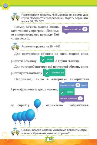 116
Як змінювати товщину лінії малювання в командах
групи Олівець? Як у середовищі Скретч порівняти
числа 50, 70, 30?
Розмір об’єкта можна зміню-
вати також у програмі. Для цьо-
го використовують команду Змі-
нити розмір.
Як змінити розмір на 20, –10?
Для повторення об’єктів на сцені можна вико-
ристати команду із групи Олівець.
Для того щоб витерти всі повторені образи, вико-
ристовують команду .
Наприклад, якщо в алгоритмі використати
4разифрагментізтрьохкоманд
до спрайту , отримаємо зображення.
.
Скільки всього команд міститиме алгоритм отри-
мання зображення чотирьох кульок?
 