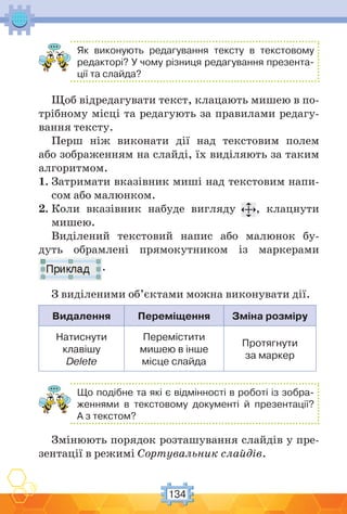 134
Як виконують редагування тексту в текстовому
редакторі? У чому різниця редагування презента-
ції та слайда?
Щоб відредагувати текст, клацають мишею в по-
трібному місці та редагують за правилами редагу-
вання тексту.
Перш ніж виконати дії над текстовим полем
або зображенням на слайді, їх виділяють за таким
алгоритмом.
1. Затримати вказівник миші над текстовим напи-
сом або малюнком.
2. Коли вказівник набуде вигляду , клацнути
мишею.
Виділений текстовий напис або малюнок бу-
дуть обрамлені прямокутником із маркерами
.
З виділеними об’єктами можна виконувати дії.
Видалення Переміщення Зміна розміру
Натиснути
клавішу
Delete
Перемістити
мишею в інше
місце слайда
Протягнути
за маркер
Що подібне та які є відмінності в роботі із зобра-
женнями в текстовому документі й презентації?
А з текстом?
Змінюють порядок розташування слайдів у пре-
зентації в режимі Сортувальник слайдів.
 