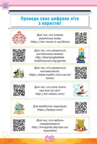 158
Проведи своє цифрове літо
з користю!
Для тих, хто плекає
українську мову:
https://ukr-mova.in.ua/library
Для тих, хто цікавиться
англійською мовою:
http://learnenglishkids.
britishcouncil.org/games
Для тих, хто цікавиться
математикою:
https://www.matific.com/ua/uk/
home/
Для тих, хто хоче знати
про все на світі:
http://tut-cikavo.com/
or
A
b
e
c
d
f
g
h
i
j
k
l m
n
Q
s
v
W
z
y
Для майбутніх науковців:
https://tydyvy.com/
Для тих, хто любить
подорожувати:
http://incognita.day.kyiv.ua/
exposition
 