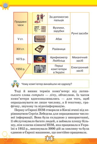 20
Прадавні
часи
За допомогою
пальців
Ручні засоби
Вузлики,
зарубки
V ст. Абак
XVI ст. Рахівниця
1673 р.
Арифмометр
Лейбніца
Механічний
засіб
1950 р.
Перші
комп’ютери
в Україні
Електронний
засіб
Чому комп’ютер винайшли не одразу?
Тоді й виник термін комп’ютер: від латин-
ського слова computo — лічу, обчислюю. Із часом
комп’ютери вдосконалювались — для того, щоб
опрацьовувати не лише числову, а й текстову, гра-
фічну, звукову та відеоінформацію.
Першу в Європі ЕОМ створили в Києві вчені під ке-
рівництвом Сергія Лебедєва для опрацювання число-
вої інформації. Вона була складною у використанні,
її обслуговувало багато людей, а займала площу біль-
шу, ніж класна кімната! ЕОМ, яка працювала в Укра-
їні в 1952 р., виконувала 3000 дій за хвилину та була
єдиною в Європі машиною, що постійно працювала.
 
