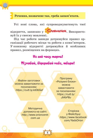4
Речення, позначене так, треба запам’ятати.
Усі нові слова, які супроводжуватимуть твої
відкриття, записано у . Використо-
вуй їх у своєму мовленні.
Під час роботи завжди дотримуйся правил ор-
ганізації робочого місця та роботи з комп’ютером.
У кожному відкритті дотримуйся й особливих
правил, розміщених на форзацах.
Не гай часу марно!
Пізнавай, відкривай нове, твори!
Файли-заготовки
можна завантажити за
посиланням:
https://cutt.ly/etDb5af
Програму
«Розумні блоки»
можна
завантажити
за посиланням:
https://cutt.ly/
JtAbF6u
Методична
допомога на сайті:
http://www.orioncentr.
com.ua
Сторінка
у Фейсбуці:
https://www.facebook.
com/YadsOrion
 