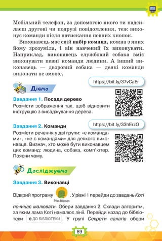 89
Мобільний телефон, за допомогою якого ти надси-
лаєш другові чи подрузі повідомлення, теж вико-
нує команди після натискання певних кнопок.
Виконавець має свій набір команд, кожна з яких
йому зрозуміла, і він навчений їх виконувати.
Наприклад, виконавець службовий собака вміє
виконувати певні команди людини. А інший ви-
конавець — дворовий собака — деякі команди
виконати не зможе.
Дic-мо
Завдання 1. Посади дерево
Розмісти зображення так, щоб відновити
інструкцію з висаджування дерева.
Завдання 2. Команди
Розмісти речення у дві групи: «є команда-
ми», «не є командами» для деякого вико-
навця. Визнач, хто може бути виконавцем
цих команд: людина, собака, комп’ютер.
Поясни чому.
Дослiджуc-мо
Завдання 3. Виконавці
Відкрий програму
Pilas Bloques
. У рівні 1 перейди до завдань Коті
починає малювати. Обери завдання 2. Склади алгоритм,
за яким лама Коті намалює лінії. Перейди назад до бібліо-
теки . У групі Секрети салатів обери
https://bit.ly/37vCaEr
https://bit.ly/33hErzO
 