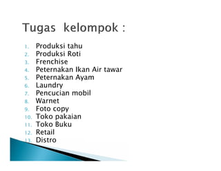 1. Produksi tahu
2. Produksi Roti
3. Frenchise
4. Peternakan Ikan Air tawar
5. Peternakan Ayam
6. Laundry
7. Pencucian mobil
8. Warnet
9. Foto copy
10. Toko pakaian
11. Toko Buku
12. Retail
13. Distro
 