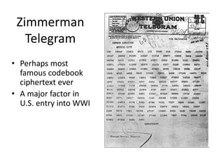 Zimmerman
Telegram
• Perhaps most
famous codebook
ciphertext ever
• A major factor in
U.S. entry into WWI
 
