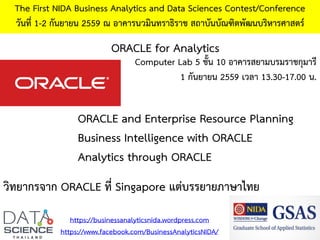 วิทยากรจาก ORACLE ที่ Singapore แต่บรรยายภาษาไทย
The First NIDA Business Analytics and Data Sciences Contest/Conference
วันที่ 1-2 กันยายน 2559 ณ อาคารนวมินทราธิราช สถาบันบัณฑิตพัฒนบริหารศาสตร์
https://businessanalyticsnida.wordpress.com
https://www.facebook.com/BusinessAnalyticsNIDA/
ORACLE and Enterprise Resource Planning
Business Intelligence with ORACLE
Analytics through ORACLE
ORACLE for Analytics
Computer Lab 5 ชั้น 10 อาคารสยามบรมราชกุมารี
1 กันยายน 2559 เวลา 13.30-17.00 น.
 