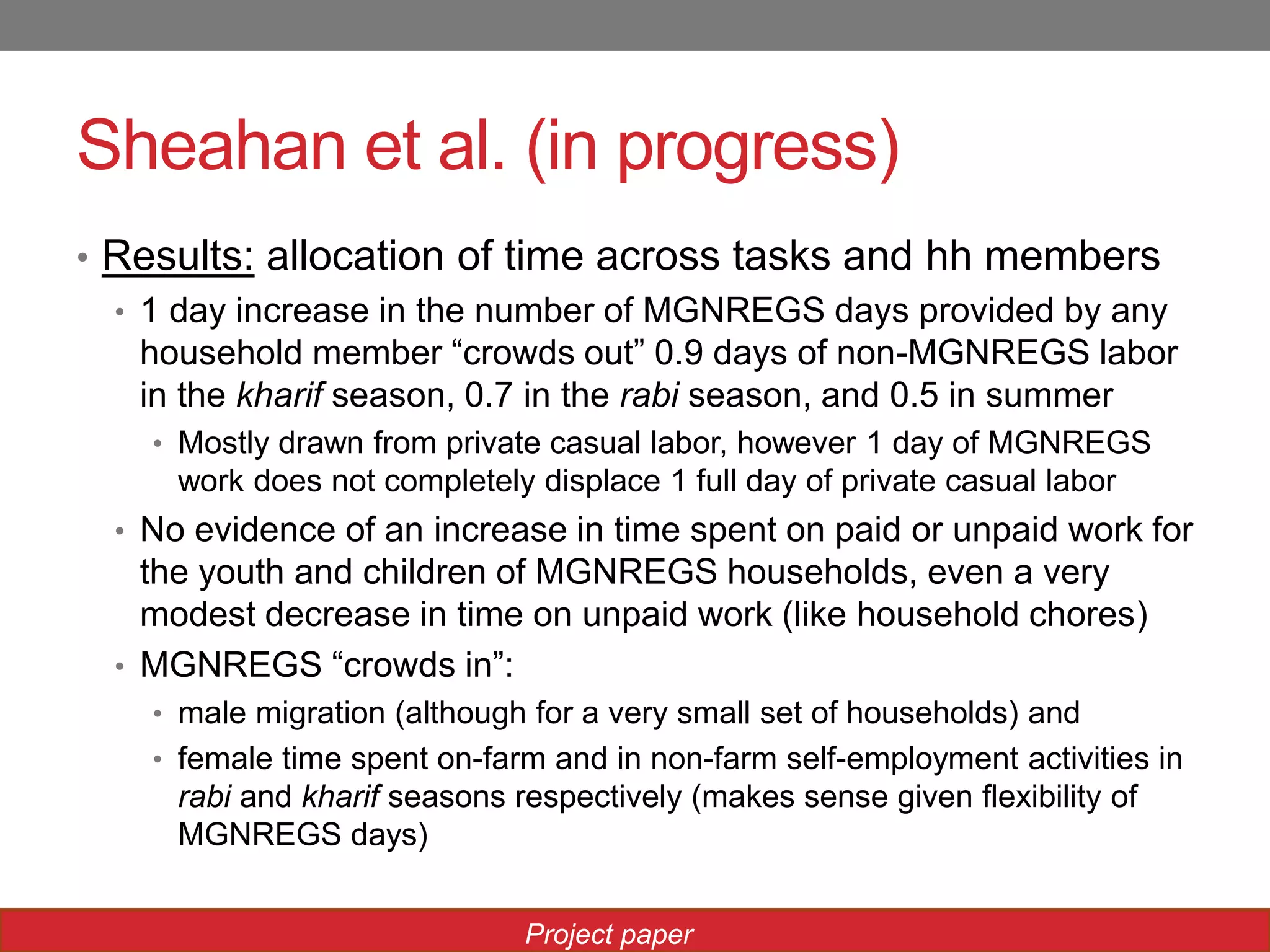Sheahan et al. (in progress)
• Results: allocation of time across tasks and hh members
• 1 day increase in the number of MGNREGS days provided by any
household member “crowds out” 0.9 days of non-MGNREGS labor
in the kharif season, 0.7 in the rabi season, and 0.5 in summer
• Mostly drawn from private casual labor, however 1 day of MGNREGS
work does not completely displace 1 full day of private casual labor
• No evidence of an increase in time spent on paid or unpaid work for
the youth and children of MGNREGS households, even a very
modest decrease in time on unpaid work (like household chores)
• MGNREGS “crowds in”:
• male migration (although for a very small set of households) and
• female time spent on-farm and in non-farm self-employment activities in
rabi and kharif seasons respectively (makes sense given flexibility of
MGNREGS days)
Project paper
 