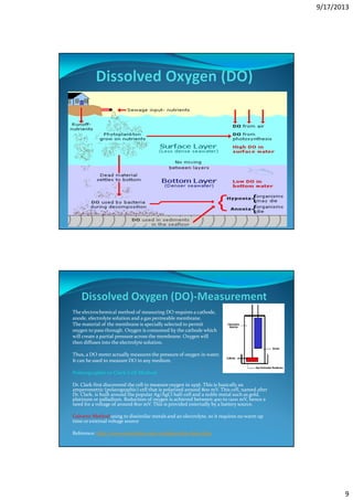 9/17/2013
9
The electrochemical method of measuring DO requires a cathode,
anode, electrolyte solution and a gas permeable membrane.
The material of the membrane is specially selected to permit
oxygen to pass through. Oxygen is consumed by the cathode which
will create a partial pressure across the membrane. Oxygen will
then diffuses into the electrolyte solution.
Thus, a DO meter actually measures the pressure of oxygen in water.
It can be used to measure DO in any medium.
Polarographicor Clark Cell Method
Dr. Clark first discovered the cell to measure oxygen in 1956. This is basically an
amperometric (polarographic) cell that is polarized around 800 mV. This cell, named after
Dr. Clark, is built around the popular Ag/AgCl half-cell and a noble metal such as gold,
platinum or palladium. Reduction of oxygen is achieved between 400 to 1200 mV, hence a
need for a voltage of around 800 mV. This is provided externally by a battery source.
Galvanic Method using to dissimilar metals and an electrolyte, so it requires no warm up
time or external voltage source
Reference: http://www.eutechinst.com/techtips/tech-tips15.htm
 