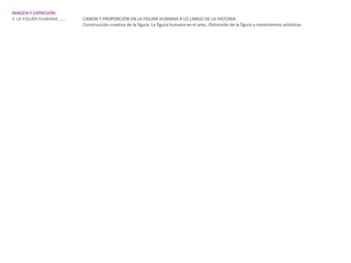 IMAGEN Y EXPRESIÓN.
3. LA FIGURA HUMANA……..   CANON Y PROPORCIÓN EN LA FIGURA HUMANA A LO LARGO DE LA HISTORIA
                          Construcción creativa de la figura. La figura humana en el arte…Distorsión de la figura y movimientos artísticos
 