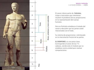 IMAGEN Y EXPRESIÓN.
                  3. LA FIGURA HUMANA…….. CANON.




El canon clásico parte de Policleto,
Lisipo y Leocrataes que intentaron
resolver el problema de las proporciones
en la representación del cuerpo
humano.

Pero es Policleto establece el tratado del
canon y descubre que las partes están
relacionadas con el todo.

Su sistema de proporciones está basado
en la interrelación fractal de las partes.

EL DORIFORO, es una pieza clave.
Corresponde al canon de las 7 ½
cabezas, siendo esta el modulo que se
establece como unidad para realizar
comparaciones
 