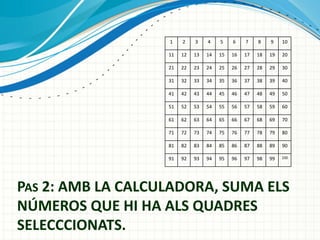 PAS 2: AMB LA CALCULADORA, SUMA ELS
NÚMEROS QUE HI HA ALS QUADRES
SELECCCIONATS.
1 2 3 4 5 6 7 8 9 10
11 12 13 14 15 16 17 18 19 20
21 22 23 24 25 26 27 28 29 30
31 32 33 34 35 36 37 38 39 40
41 42 43 44 45 46 47 48 49 50
51 52 53 54 55 56 57 58 59 60
61 62 63 64 65 66 67 68 69 70
71 72 73 74 75 76 77 78 79 80
81 82 83 84 85 86 87 88 89 90
91 92 93 94 95 96 97 98 99 100
 