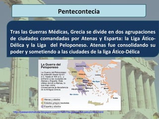 Pentecontecia

Tras las Guerras Médicas, Grecia se divide en dos agrupaciones
de ciudades comandadas por Atenas y Esparta: la Liga Ático-
Délica y la Liga del Peloponeso. Atenas fue consolidando su
poder y sometiendo a las ciudades de la liga Ático-Délica




 http://paseandohistoria.blogspot.com/2010/07/la-guerra-del-peloponeso.html
 