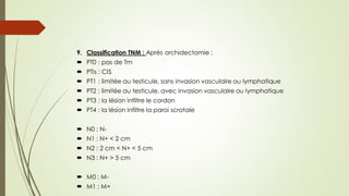 9. Classification TNM : Après orchidectomie :
 PT0 : pas de Tm
 PTis : CIS
 PT1 : limitée au testicule, sans invasion vasculaire ou lymphatique
 PT2 : limitée au testicule, avec invasion vasculaire ou lymphatique
 PT3 : la lésion infiltre le cordon
 PT4 : la lésion infiltre la paroi scrotale
 N0 : N-
 N1 : N+ < 2 cm
 N2 : 2 cm < N+ < 5 cm
 N3 : N+ > 5 cm
 M0 : M-
 M1 : M+
 