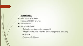 2. Epidémiologie :
 Sujet jeune : 20 à 45ans
 3 cas/an/100,000 Hommes
 Race blanche
 Facteurs de risque :
- Testicules non descendus : risque x 20
- Atrophie testiculaire : orchite, torsion, dysgénésie( cis : 25% )
- Rayons X
- Facteurs génétiques.
 