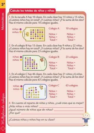 Multiplicandocolegios
3º
Matemáticas
Calcula los totales de niños y niñas:
1. En la escuela A hay 10 clases. En cada clase hay 15 niños y 15 niñas.
¿Cuántos niños hay en total? ¿Y cuántas niñas? ¿Y la suma de los dos?
Haz el mismo cálculo para 10 colegios iguales.
Colegio A 10 colegios
Niños = Niños =
Niñas = Niñas =
Total = Total =
2. En el colegio B hay 15 clases. En cada clase hay 9 niños y 22 niñas.
¿Cuántos niños hay en total? ¿Y cuántas niñas? ¿Y la suma de los dos?
Haz el mismo cálculo para 23 colegios iguales.
Colegio B 23 colegios
Niños = Niños =
Niñas = Niñas =
Total = Total =
3. En el colegio C hay 46 clases. En cada clase hay 21 niños y 6 niñas.
¿Cuántos niños hay en total? ¿Y cuántas niñas? ¿Y la suma de los dos?
Haz el mismo cálculo para 63 colegios iguales.
Colegio C 63 colegios
Niños = Niños =
Niñas = Niñas =
Total = Total =
4. En cuanto al reparto de niñas y niños, ¿cuál crees que es mejor?
¿Más niñas o más niños? ________________________________
¿Igual número de niños que de niñas? _____________________
¿Por qué? _____________________________________________
_____________________________________________________
¿Cuántas niñas y niños hay en tu clase?
_____________________________________________________
niños
niñas
niños
niñas
niños
niñas
fichas 3º.qxp 28/2/08 12:47 Página 28
 