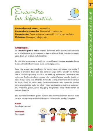 Encuentra
las diferencias
Contenidos curriculares: Los sentidos
Contenidos transversales: Diversidad, convivencia
Competencias: Conocimiento e interacción con el mundo físico
Materiales: Fotocopia del ejercicio
INTRODUCCIÓN:
La Educación para la Paz es un tema transversal. Dada su naturaleza centrada
en la vida humana, se hace necesario abordar el tema desde distintas perspecti-
vas y desde un enfoque multidisciplinar.
En esta ficha se pretende, a través del contenido curricular Los sentidos, llamar
la atención sobre la diversidad racial como algo positivo.
Cada niño y cada niña, sin elegirlo, ha nacido en un país y tiene una familia. A
veces, la familia es de un país pero tiene que viajar a otro. También hay familias
mixtas donde los padres y madres o los abuelos y abuelas son de distintas pro-
cedencias. Según estos factores, cada niño y cada niña tiene un color de piel, un
color de ojos y una cara diferente. A menudo, se encuentran también diferencias
en niños y niñas del mismo país y de la misma ciudad. Pero a pesar de que sus
caras sean distintas, todos los niños y niñas son iguales en cuanto a sentimien-
tos, emociones, gustos, ganas de jugar y de aprender. Todos y todas tienen los
mismos derechos.
Esta actividad consiste en que los alumnos o las alumnas observen distintos pares
de ojos, los comparen y asimilen el nombre de las partes que los componen.
Fuente:
Cruz Roja Juventud.
Soluciones:
No procede.
Conocimientodelmedionatural,socialycultural
3º
X Duración 15 min
fichas 3º.qxp 27/2/08 12:11 Página 1
 