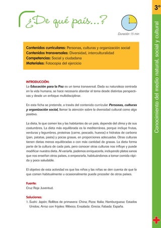 ¿De qué país…?
Contenidos curriculares: Personas, culturas y organización social
Contenidos transversales: Diversidad, interculturalidad
Competencias: Social y ciudadana
Materiales: Fotocopia del ejercicio
INTRODUCCIÓN:
La Educación para la Paz es un tema transversal. Dada su naturaleza centrada
en la vida humana, se hace necesario abordar el tema desde distintas perspecti-
vas y desde un enfoque multidisciplinar.
En esta ficha se pretende, a través del contenido curricular Personas, culturas
y organización social, llamar la atención sobre la diversidad cultural como algo
positivo.
La dieta, lo que comen los y las habitantes de un país, depende del clima y de sus
costumbres. La dieta más equilibrada es la mediterránea, porque incluye frutas,
verduras y legumbres, proteínas (carne, pescado, huevos) e hidratos de carbono
(pan, patatas, pasta) y pocas grasas, en proporciones adecuadas. Otras culturas
tienen dietas menos equilibradas o con más cantidad de grasas. La dieta forma
parte de la cultura de cada país, pero conocer otras culturas nos influye y puede
modificar nuestra dieta. Al variarla, podemos enriquecerla, incluyendo platos sanos
que nos enseñan otros países, o empeorarla, habituándonos a tomar comida rápi-
da y poco saludable.
El objetivo de esta actividad es que los niños y las niñas se den cuenta de que lo
que comen habitualmente u ocasionalmente puede proceder de otros países.
Fuente:
Cruz Roja Juventud.
Soluciones:
1. Sushi: Japón; Rollitos de primavera: China; Pizza: Italia; Hamburguesa: Estados
Unidos; Arroz con frijoles: México; Ensalada: Grecia; Fabada: España.
Conocimientodelmedionatural,socialycultural
3º
X Duración 15 min
fichas 3º.qxp 27/2/08 12:11 Página 3
 