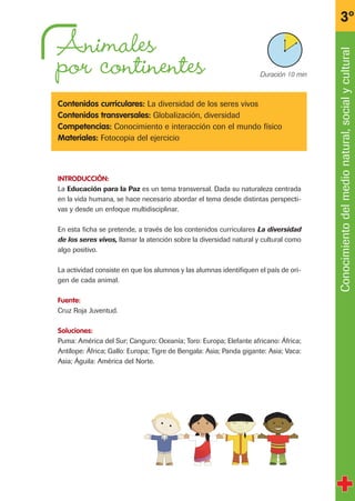 Animales
por continentes
Contenidos curriculares: La diversidad de los seres vivos
Contenidos transversales: Globalización, diversidad
Competencias: Conocimiento e interacción con el mundo físico
Materiales: Fotocopia del ejercicio
INTRODUCCIÓN:
La Educación para la Paz es un tema transversal. Dada su naturaleza centrada
en la vida humana, se hace necesario abordar el tema desde distintas perspecti-
vas y desde un enfoque multidisciplinar.
En esta ficha se pretende, a través de los contenidos curriculares La diversidad
de los seres vivos, llamar la atención sobre la diversidad natural y cultural como
algo positivo.
La actividad consiste en que los alumnos y las alumnas identifiquen el país de ori-
gen de cada animal.
Fuente:
Cruz Roja Juventud.
Soluciones:
Puma: América del Sur; Canguro: Oceanía; Toro: Europa; Elefante africano: África;
Antílope: África; Gallo: Europa; Tigre de Bengala: Asia; Panda gigante: Asia; Vaca:
Asia; Águila: América del Norte.
Conocimientodelmedionatural,socialycultural
3º
X Duración 10 min
fichas 3º.qxp 27/2/08 12:11 Página 9
 