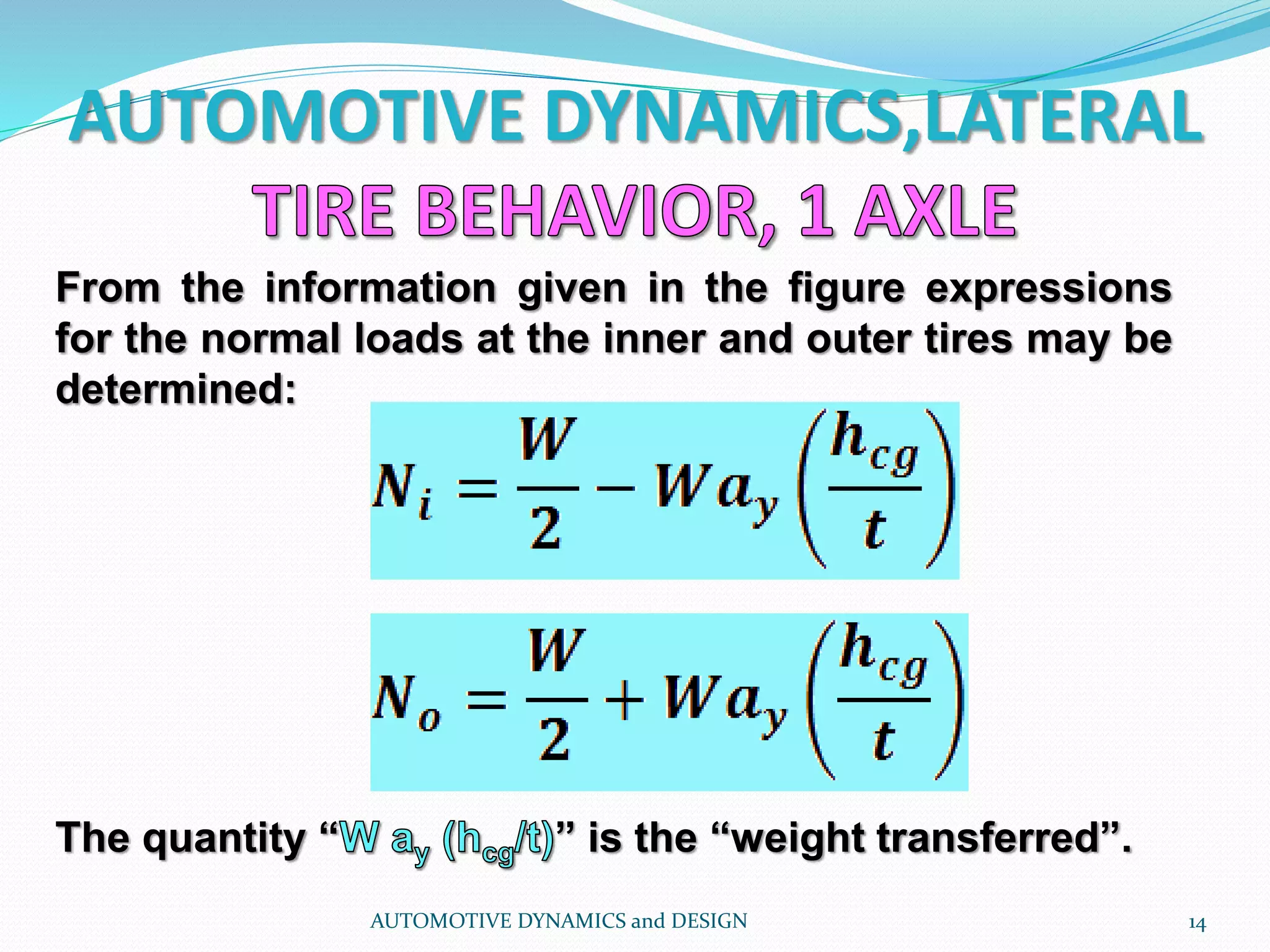 AUTOMOTIVE DYNAMICS,LATERAL
AUTOMOTIVE DYNAMICS and DESIGN 14
From the information given in the figure expressions
for the normal loads at the inner and outer tires may be
determined:
The quantity “ ” is the “weight transferred”.
 