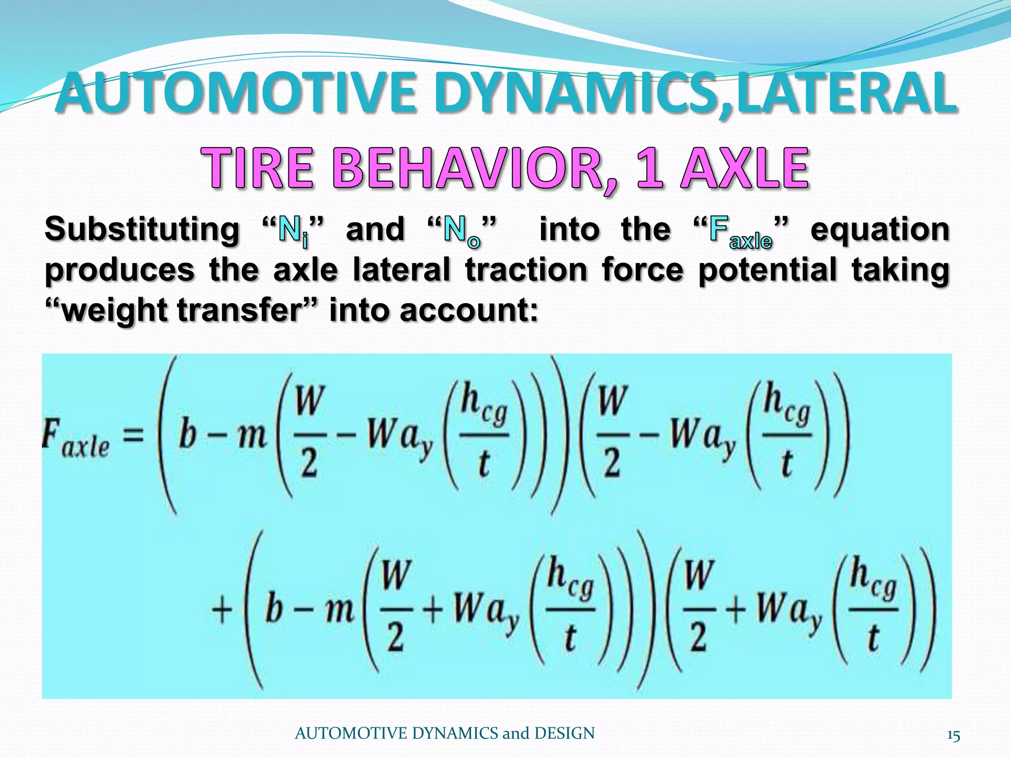 AUTOMOTIVE DYNAMICS,LATERAL
AUTOMOTIVE DYNAMICS and DESIGN 15
Substituting “ ” and “ ” into the “ ” equation
produces the axle lateral traction force potential taking
“weight transfer” into account:
 