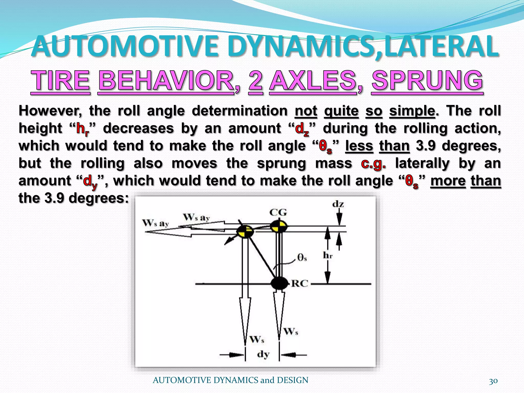 AUTOMOTIVE DYNAMICS,LATERAL
AUTOMOTIVE DYNAMICS and DESIGN 30
However, the roll angle determination not quite so simple. The roll
height “ ” decreases by an amount “ ” during the rolling action,
which would tend to make the roll angle “ ” less than 3.9 degrees,
but the rolling also moves the sprung mass laterally by an
amount “ ”, which would tend to make the roll angle “ ” more than
the 3.9 degrees:
 