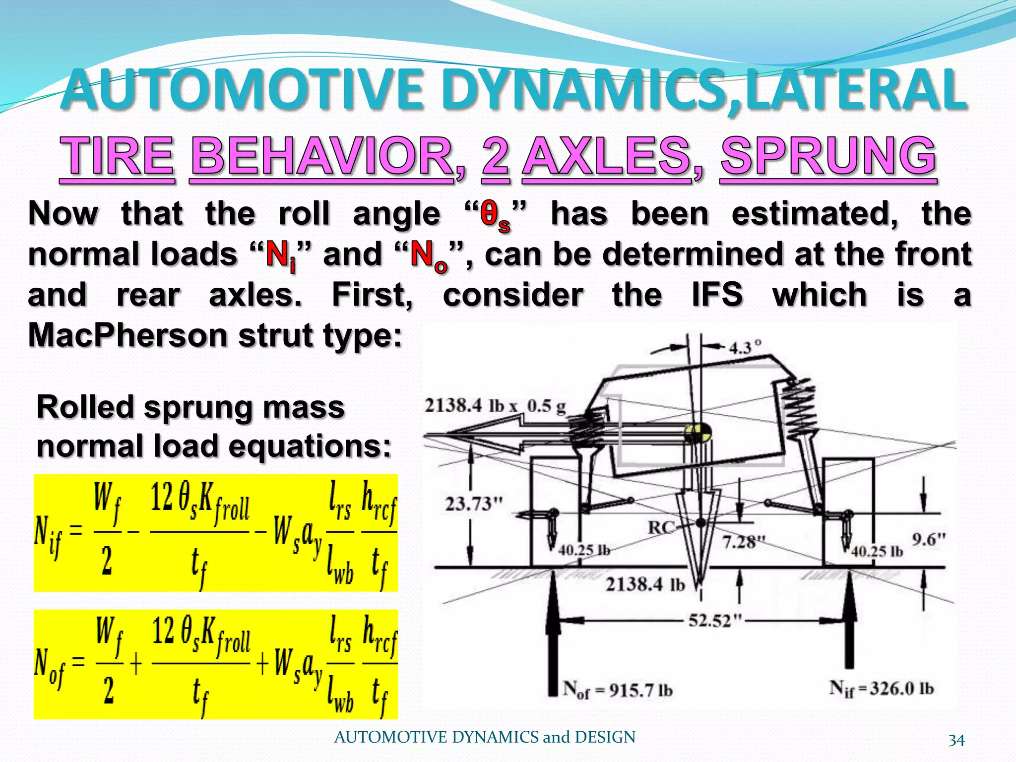 AUTOMOTIVE DYNAMICS,LATERAL
AUTOMOTIVE DYNAMICS and DESIGN 34
Now that the roll angle “ ” has been estimated, the
normal loads “ ” and “ ”, can be determined at the front
and rear axles. First, consider the IFS which is a
MacPherson strut type:
Rolled sprung mass
normal load equations:
 