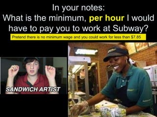 In your notes:
What is the minimum, per hour I would
have to pay you to work at Subway?
Pretend there is no minimum wage and you could work for less than $7.85
 