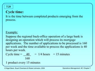 © Nigel Slack, Stuart Chambers & Robert Johnston, 2004 Operations Management, 4E: Chapter 7
7.31
Cycle time:
It is the time between completed products emerging from the
process.
Example:
Suppose the regional back-office operation of a large bank is
designing an operation which will process its mortgage
applications. The number of applications to be processed is 160
per week and the time available to process the applications is 40
hours per week.
Cycle time = 40 = 1/4 hours = 15 minutes
160
1 product every 15 minutes
 