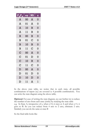Logic	
  Design	
  (3rd	
  Semester)	
  	
  	
  	
  	
  	
  	
  	
  	
  	
  	
  	
  	
  	
  	
  	
  	
  	
  	
  	
  	
  	
  	
  	
  	
  	
  	
  	
  	
  	
  	
  	
  	
  	
  	
  	
  	
  	
  	
  	
  	
  	
  	
  	
  	
  	
  	
  	
  	
  	
  	
  	
  	
  	
  	
  	
  	
  	
  	
  	
  	
  	
  UNIT	
  7	
  Notes	
  v1.0	
  
                                                                                                                       	
  




In the above state table, we notice that in each state, all possible
combinations of inputs (xy) are covered i.e 4 possible combinations. You
can write the state diagram using the above table.

Optional: For ease of writing the state diagram, we can further try to reduce
the number of arcs from each state (circle) by studying the state table
e.g. In State A, irrespective of y, when x=0, it stays at A and when x=1, it
goes to B. So you can reduce from 4 arcs to 2 arcs, eliminate 2 arcs.
Similarly you can do the same at state B

So the final table looks like



	
  
  Shivoo	
  Koteshwar’s	
  Notes	
  	
  	
  	
  	
  	
  	
  	
  	
  	
  	
  	
  	
  	
  	
  	
  	
  	
  	
  	
  	
  19	
  	
  	
  	
  	
  	
  	
  	
  	
  	
  	
  	
  	
  	
  	
  	
  	
  	
  	
  	
  	
  	
  	
  	
  	
  	
  	
  	
  	
  	
  	
  	
  	
  	
  	
  	
  	
  	
  	
  	
  	
  	
  shivoo@pes.edu	
  
                                                                                                                    	
  	
  	
  	
  	
  	
  
 